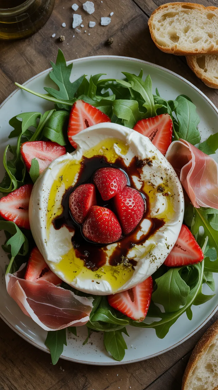 Enjoy a vibrant spring salad of arugula, strawberries, burrata, prosciutto, and bread with olive oil and balsamic drizzle.