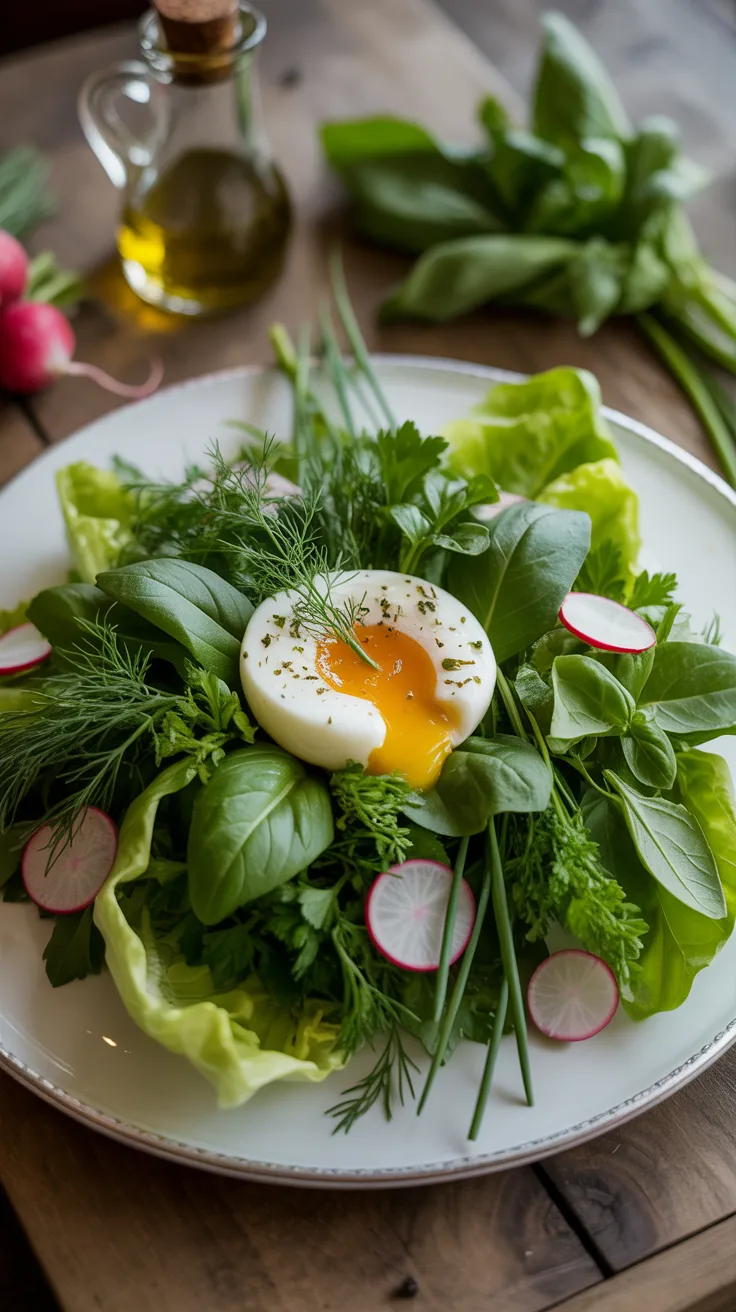 Salad 10 showcases leafy greens, fresh herbs, radish slices, and a soft-boiled egg, served with olive oil on a wooden table.