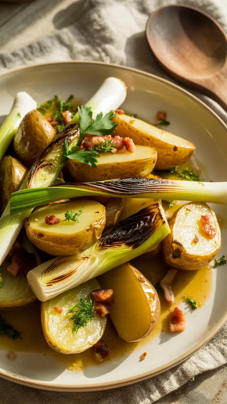 A beige plate holds roasted baby potatoes, grilled onions, herbs, and crispy bacon in a light sauce, with a wooden spoon alongside.