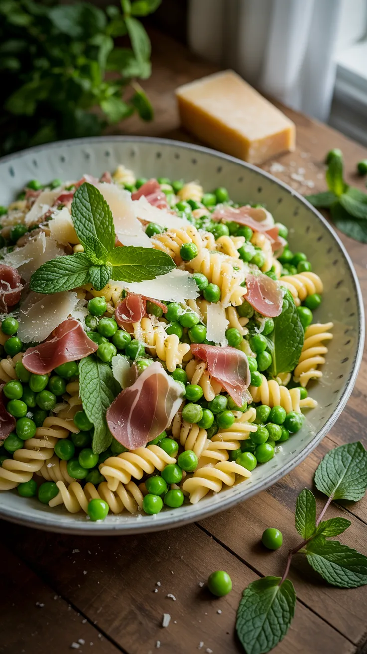 A spring-ready fusilli pasta salad with green peas, prosciutto, parmesan, and mint sits on a wooden table beside cheese and fresh mint.