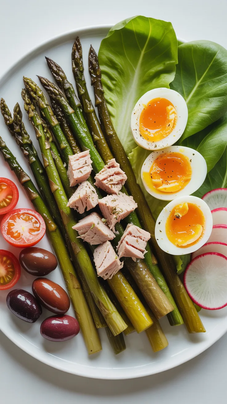 Asparagus, soft-boiled eggs, lettuce, radishes, tomatoes, olives, and tuna combine for a vibrant and nourishing spring salad.