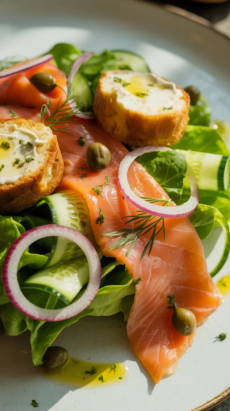 Smoked salmon, crisp veggies, capers, and creamy cheese-topped toast make Salad 5 a fresh and nourishing meal option.