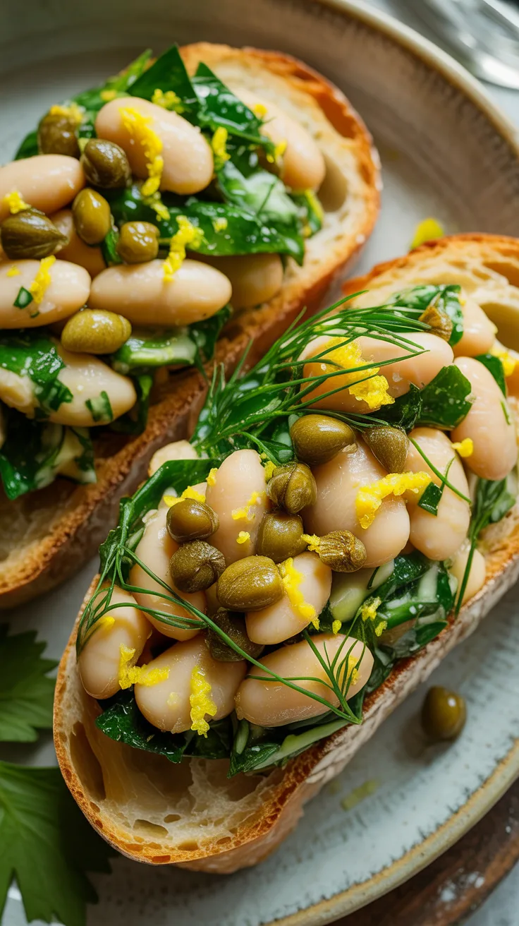 Salad 6 pairs crisp toast with white beans, greens, capers, dill, and lemon zest for a fresh pop of color and flavor.