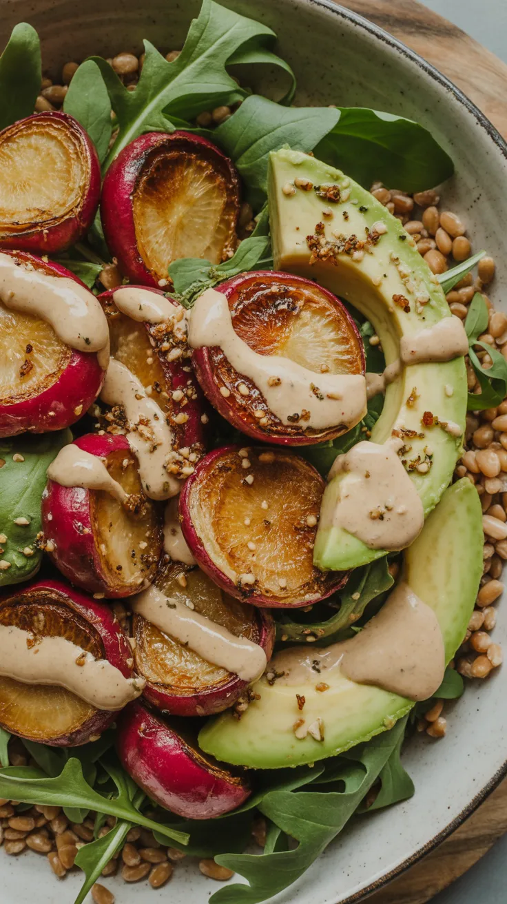 Salad 8 mixes arugula, roasted radishes, avocado, lentils, creamy dressing, and seeds for a tasty spring or dinner option.