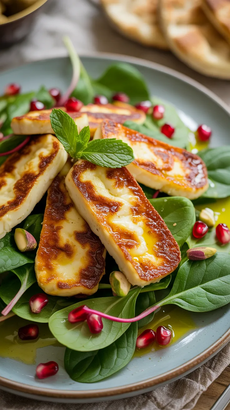 Grilled halloumi sits atop fresh spinach with pomegranate seeds, pistachios, and mint on a blue plate drizzled in olive oil.