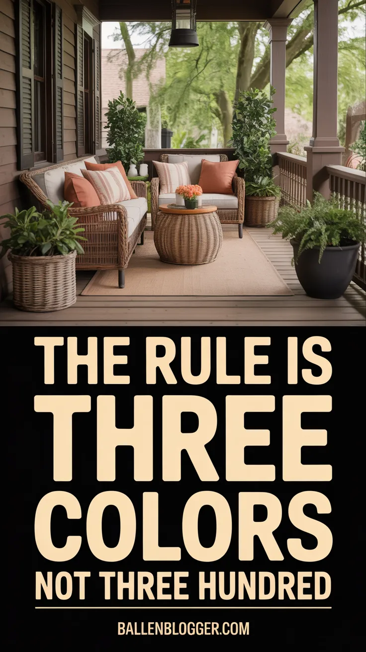 Everything you consider adding to this porch from this point forward has to pass one filter: is it warm neutral, black, or terracotta? A sage green pillow would break the palette. A blue pot would break the palette. A red welcome mat would break the palette. The palette is the design, and the design works because nothing is fighting for attention with anything else.