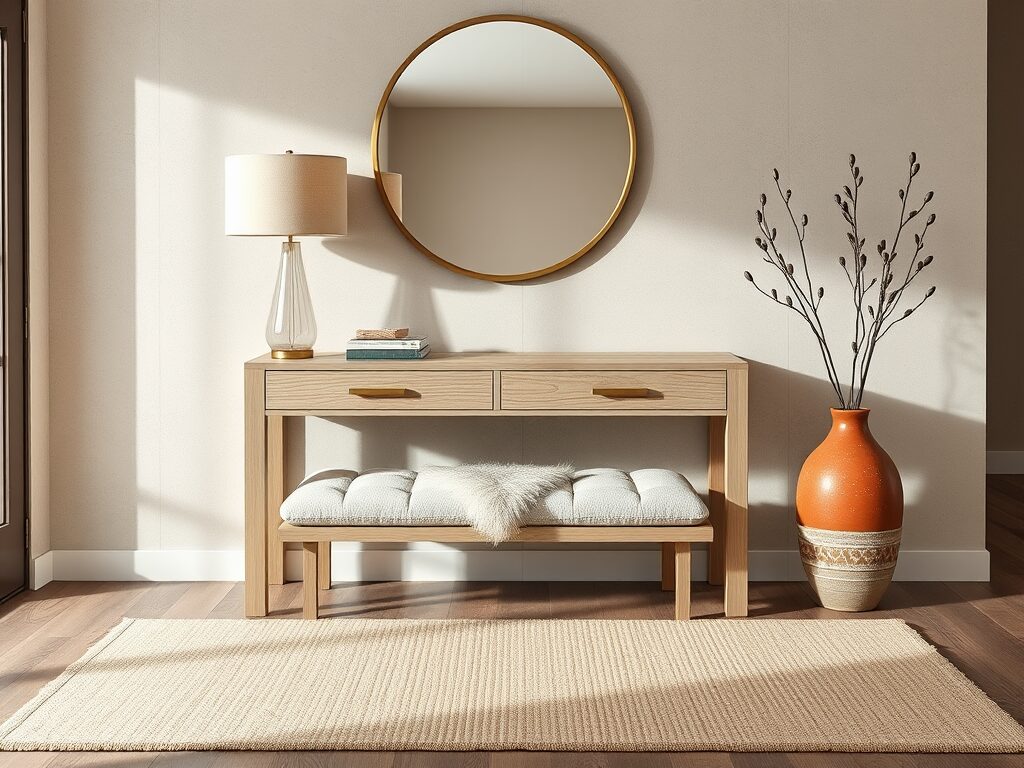 A sunlit entryway showcases this year's top trend: a chic wood console, bench, mirror, orange vase and books on a beige rug.