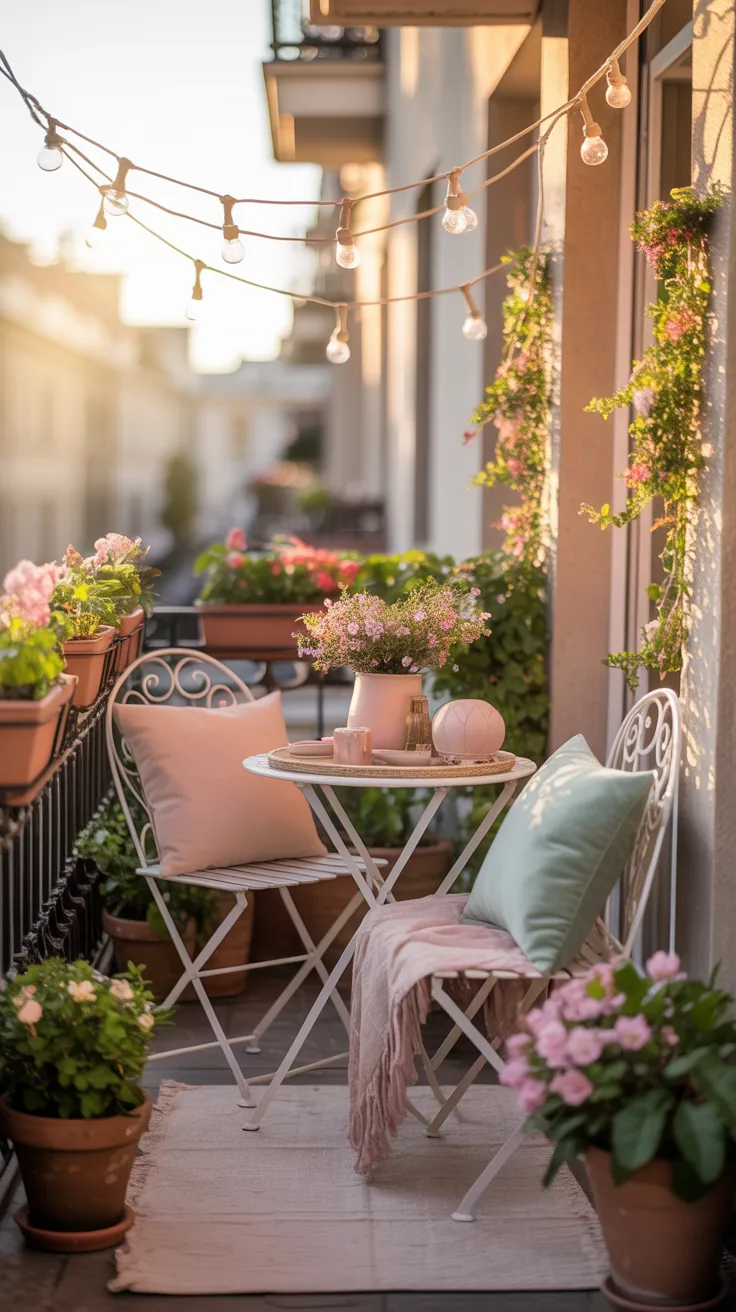 Create a cozy balcony haven with apartment-patio-1: a white table, chairs, pastel accents, flowers, and glowing string lights.