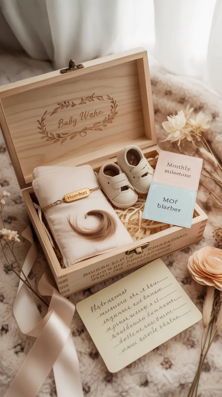 Mother holding personalized baby keepsake memory box in a sunlit nursery