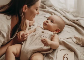 Baby monthly milestone photo setup with milestone blanket and wooden number cards