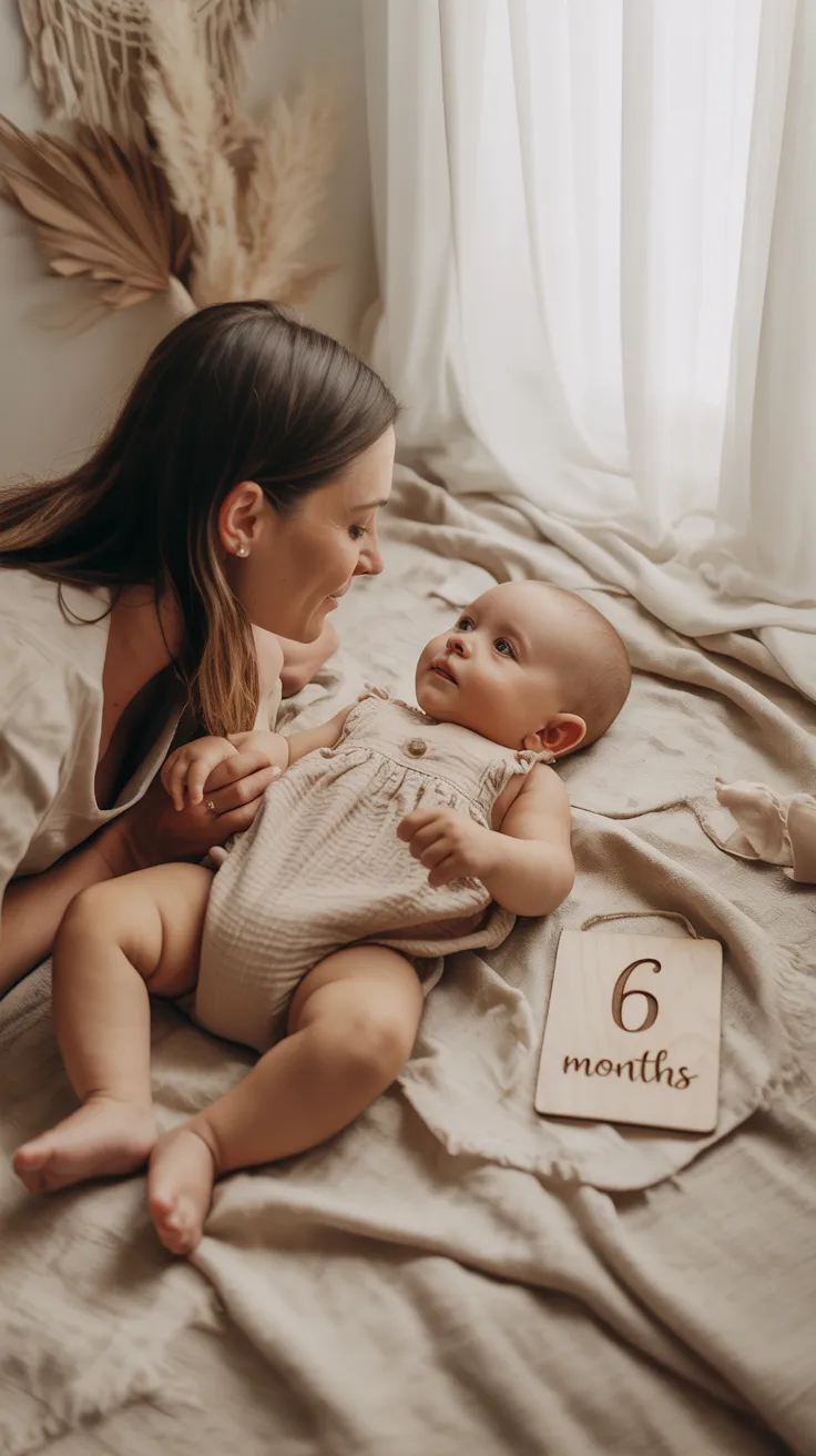 Baby monthly milestone photo setup with milestone blanket and wooden number cards
