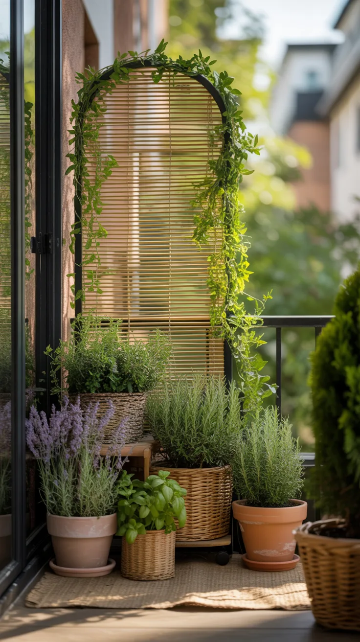 Relax on your balcony oasis with lavender and basil pots atop a woven mat, shielded by a bamboo privacy screen and plants.