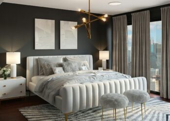 Experience modern elegance in a boho-minimalist bedroom with a plush bed, chic accents, abstract art, and city-view curtains.