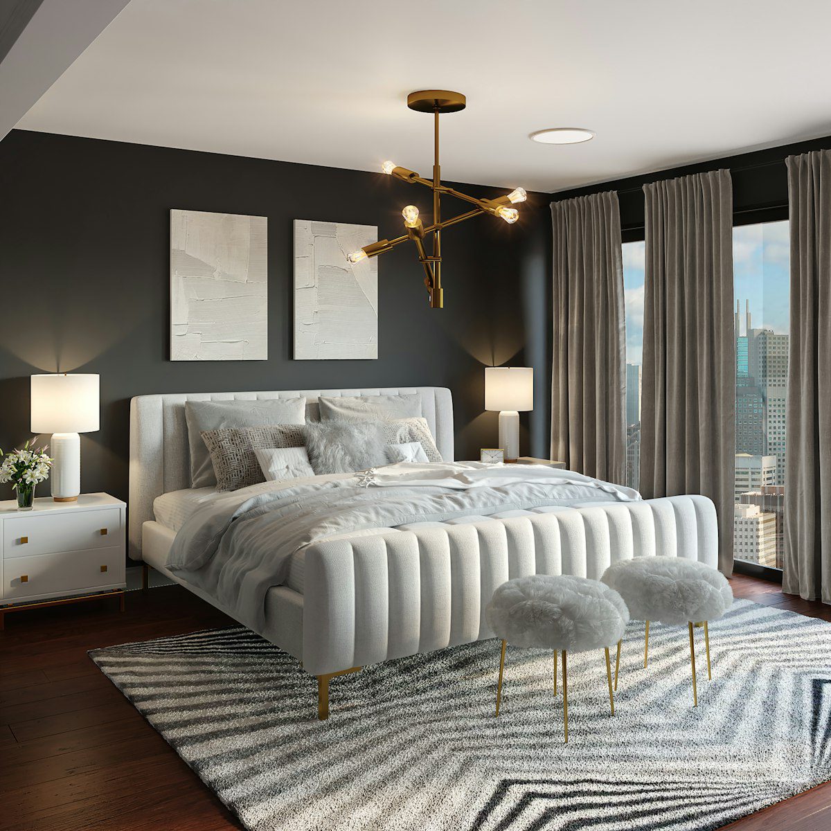 Experience modern elegance in a boho-minimalist bedroom with a plush bed, chic accents, abstract art, and city-view curtains.