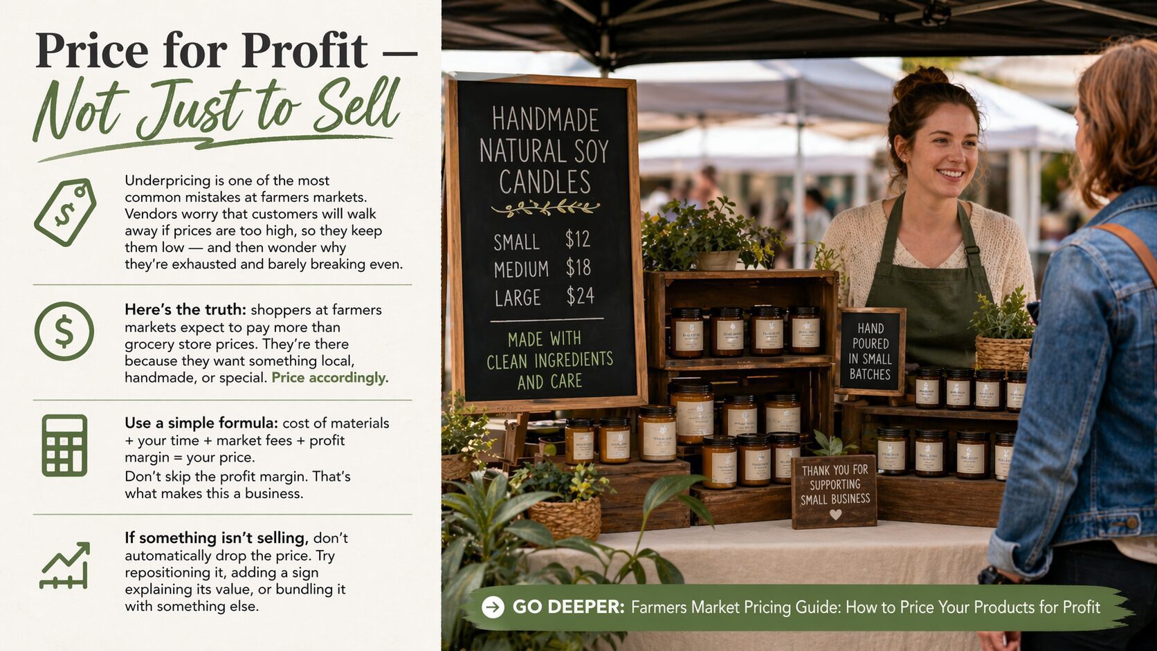 At booth 2, a cheerful vendor showcases natural soy candles in jars beside sunflowers and a chalkboard price sign, with candle pricing tips infographic to the left.