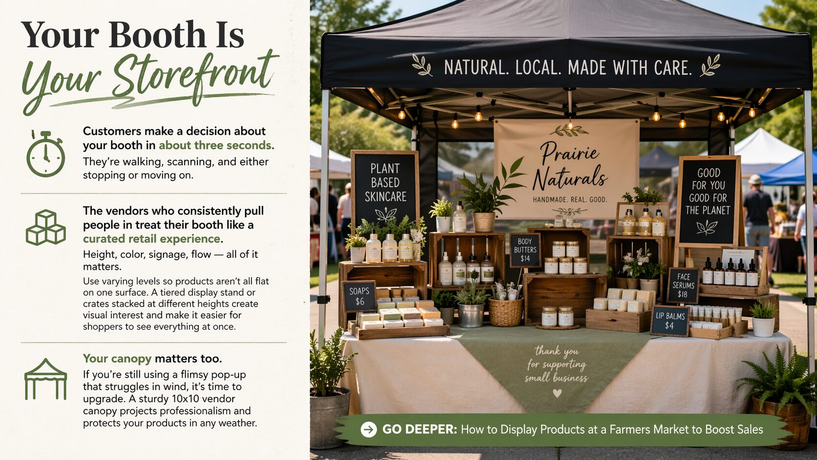 Discover pro tips from Seller's Playbook for a polished farmers market stall with natural skincare, signs, plants & wood crates.