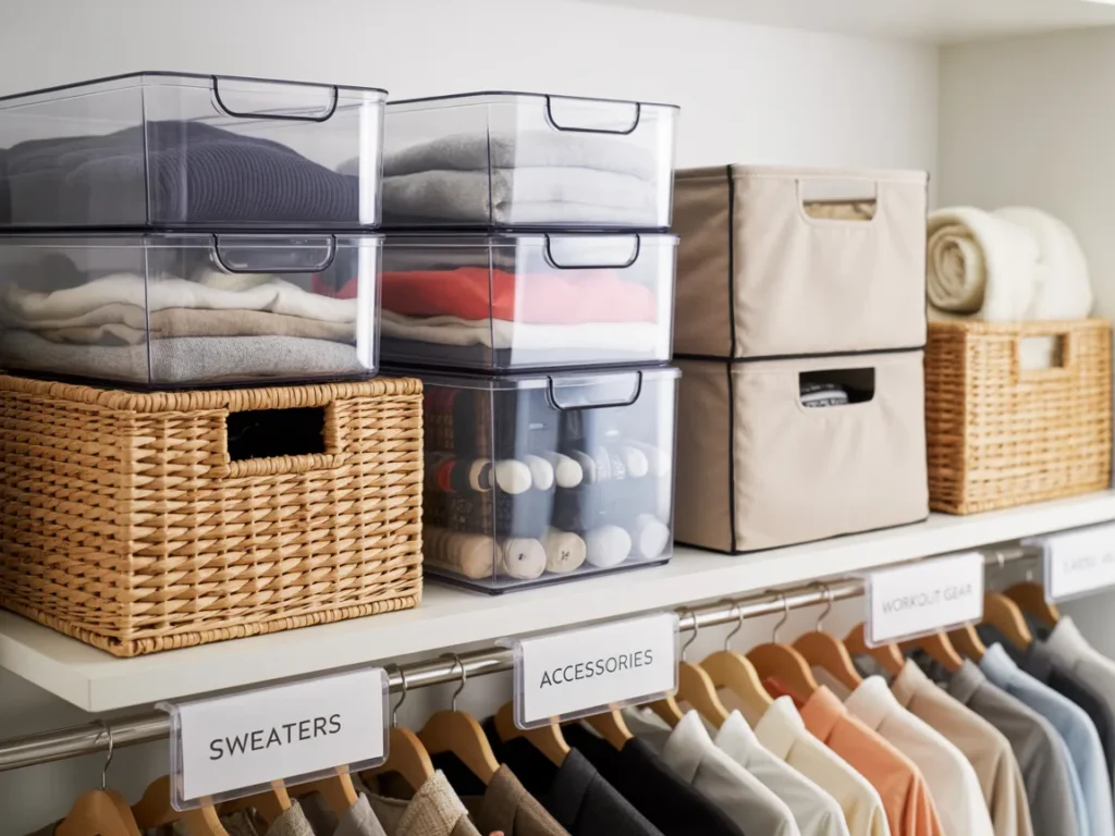 Transparent containers sort folded clothes, sweaters, and accessories on a white shelf above hanging shirts, with labeled bins for order.
