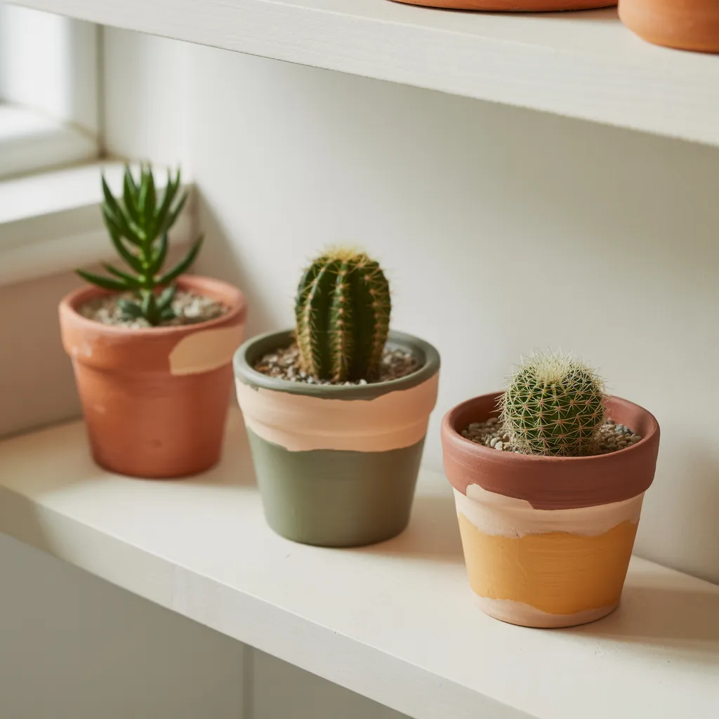 Painted terracotta pots with pastel and wavy designs hold small cacti on a bright shelf, sparking ideas for creative clay projects.