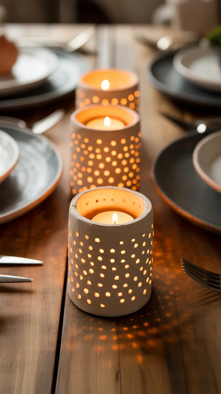 Handcrafted clay candle holders, perfect for easy DIYs, illuminate a set dining table with inviting warmth and cozy charm.