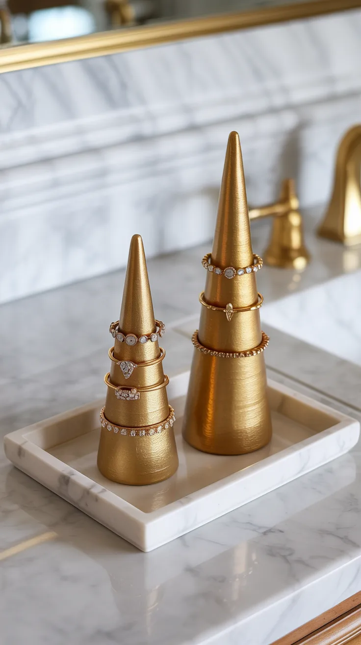 Pair of golden air-dry clay cones holding rings on a white tray, set on marble near a gold faucet and mirror—stylish DIY décor.