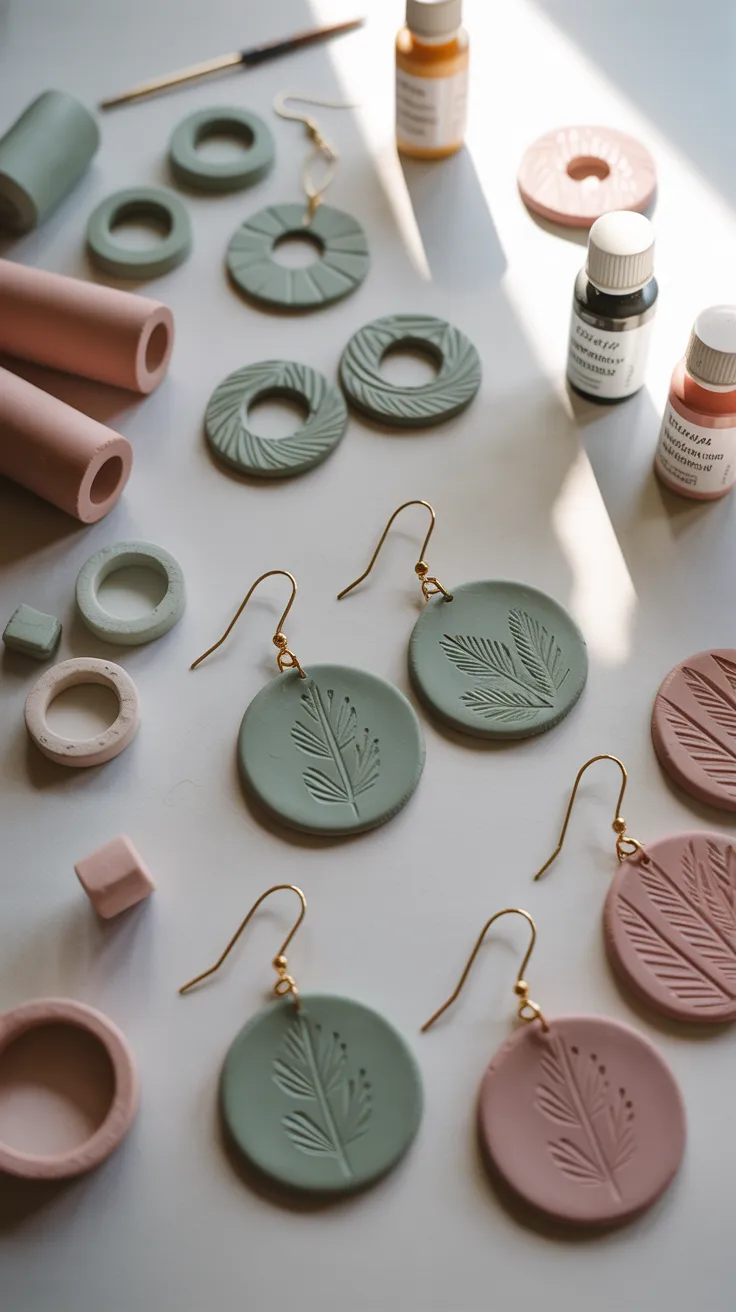 Handmade green and pink leaf-patterned clay earrings, shown with paints and tools, make kiln-free DIY crafting simple and fun.