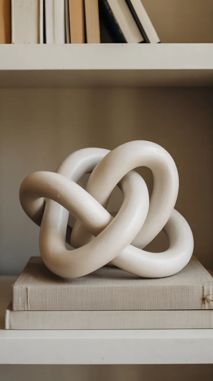 On a white shelf, a beige, fabric-bound book supports a sculpted white clay knot; additional books are stacked above.