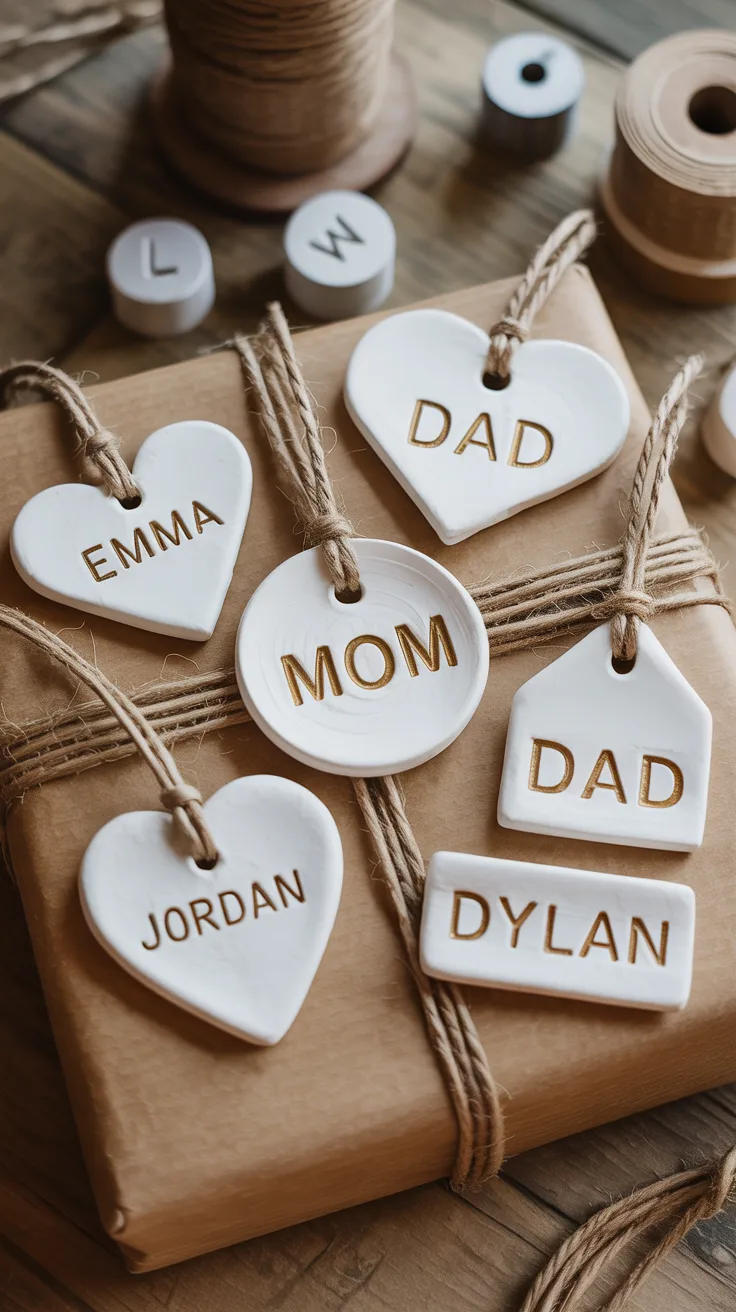Personalized clay name tags in fun shapes adorn brown paper gifts, with twine and stamps nearby for creative DIY inspiration.