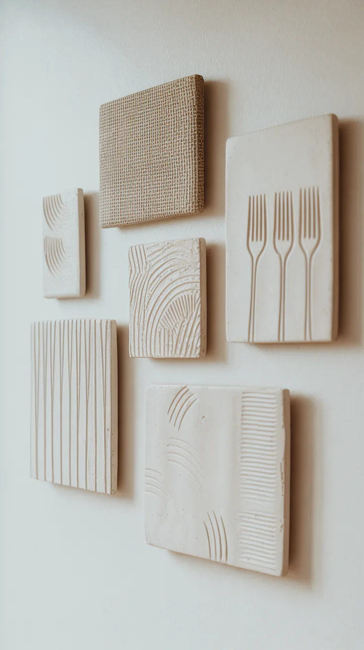 Six clay tiles featuring simple raised designs—lines, arches, and forks—displayed unevenly on a pale wall. Ideal for DIY fun.