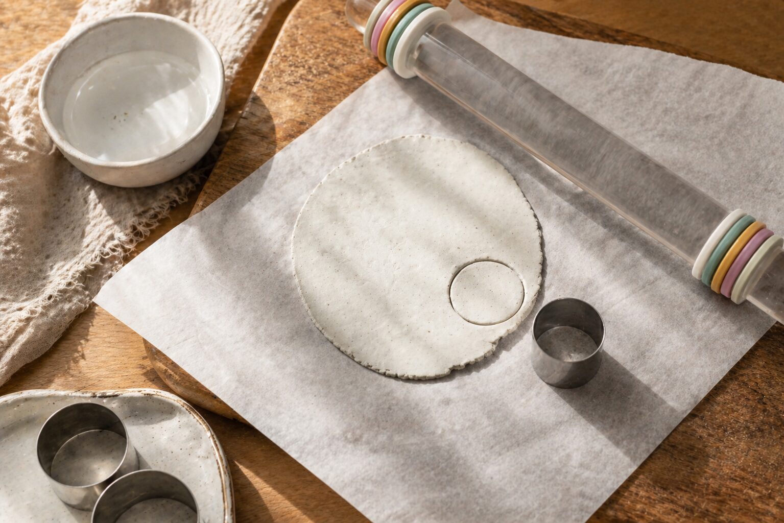 Work surface setup with parchment paper, clay roller, cookie cutters, and a bowl of water laid out ready for clay work