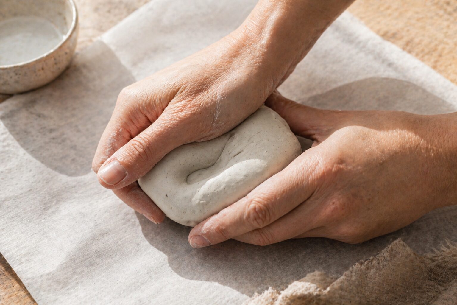 Hands conditioning a ball of white air dry clay on parchment paper, demonstrating the pressing and folding motion