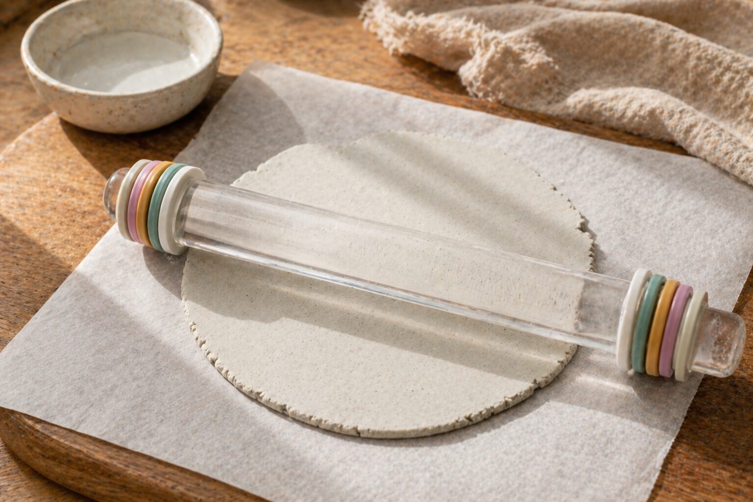Rolling pin with guide rings rolling a slab of white clay to uniform quarter-inch thickness on parchment paper