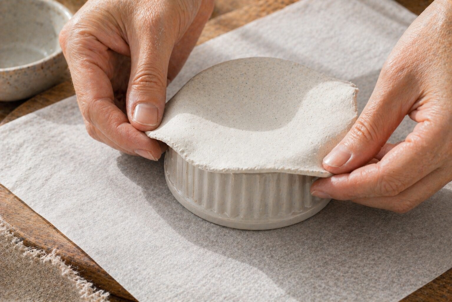 Clay circle draped over an inverted ceramic ramekin, hands gently pressing the edges upward to form the dish walls