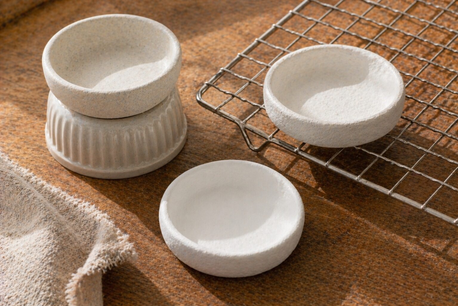Three clay dishes at different stages of drying — one still on the mold, one on a wire rack, one fully dried white