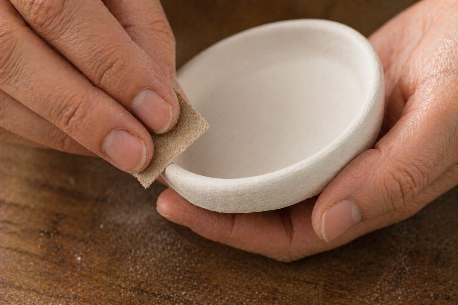 Hand lightly sanding the rim of a fully dried white clay dish with fine-grit sandpaper in small circular motions