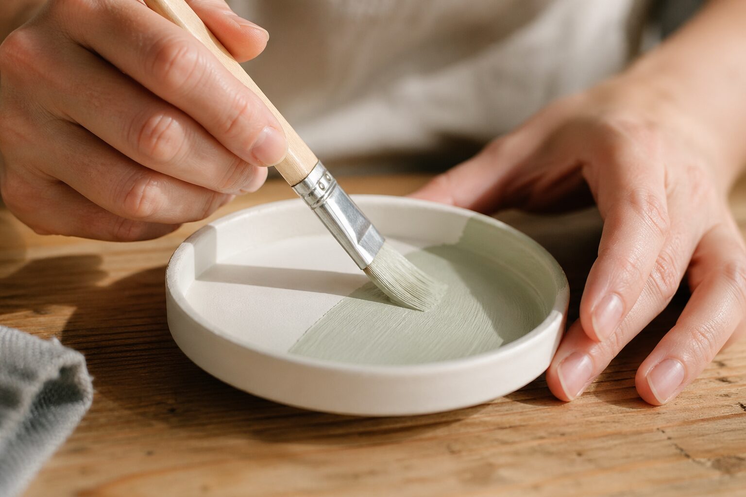 Flat brush applying a thin coat of pale sage green acrylic paint to the inside of a sealed clay dish