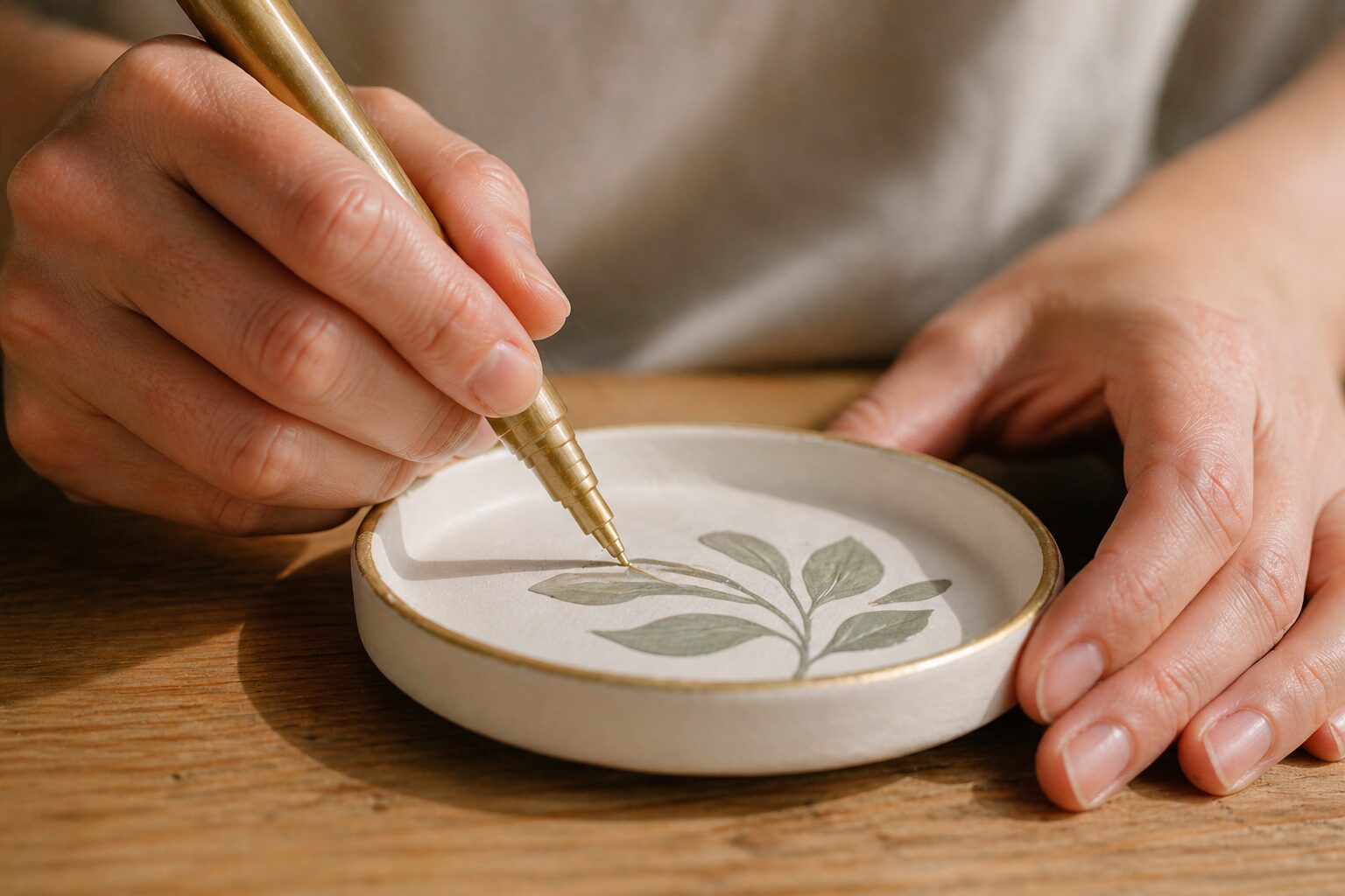 A person decorates a round ceramic dish on wood, adding green leaves and gold details with a pen in clay-trinket-step-12.