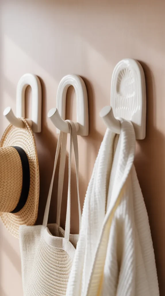 A trio of curved clay wall hooks on a tan wall hold a straw hat, tote, and sweater, softly illuminated by natural sunlight.