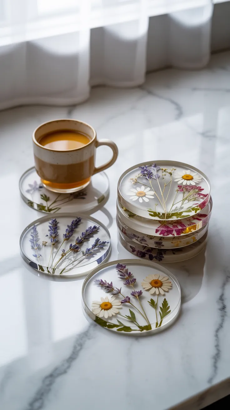 A steaming cup of tea sits on a floral-pressed coaster, surrounded by more botanical coasters atop sunlit white marble.