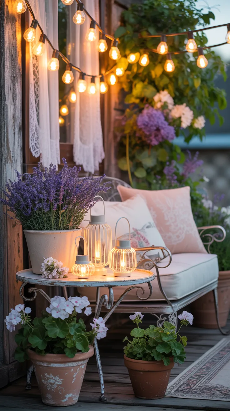 Woman relaxing on cozy outdoor patio with string lights and lush spring greenery