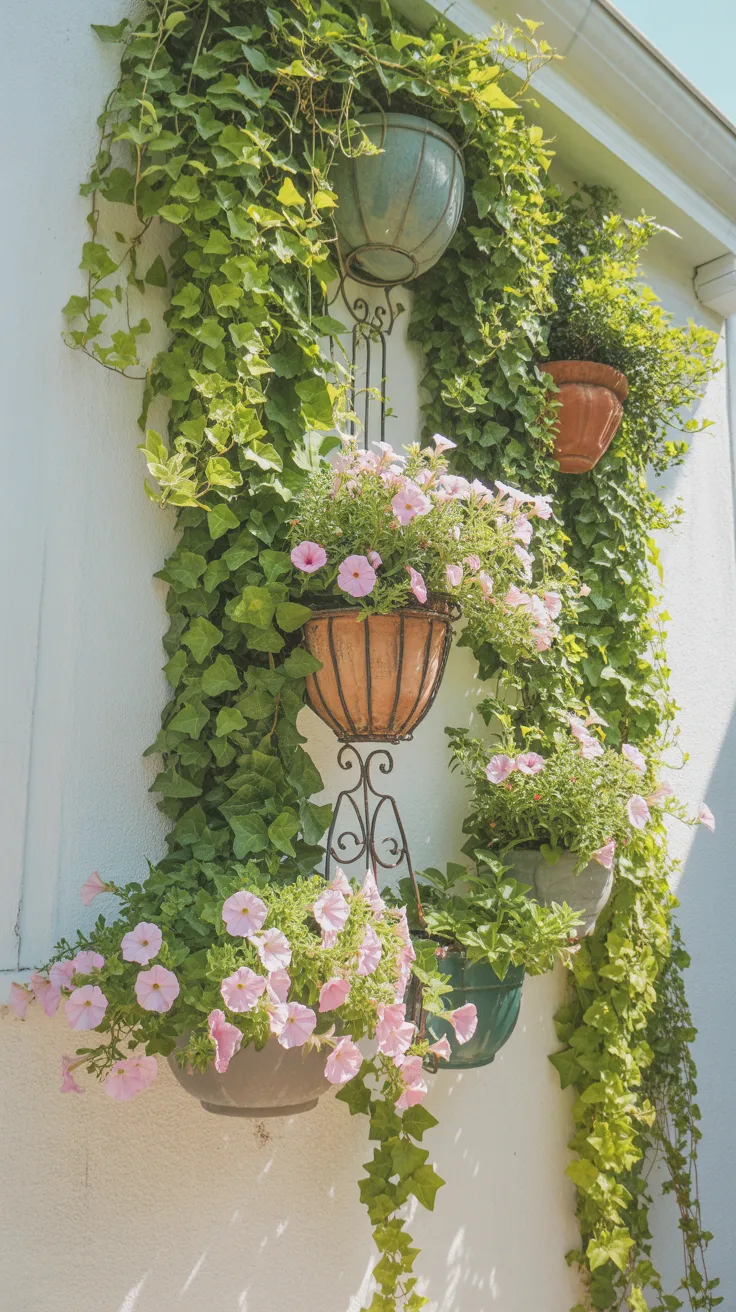 Dreamy spring patio corner with Edison string lights, vintage lanterns and potted lavender