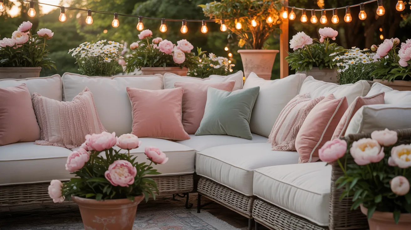Lush outdoor patio with hanging wicker planters and spring flowers in pink and white