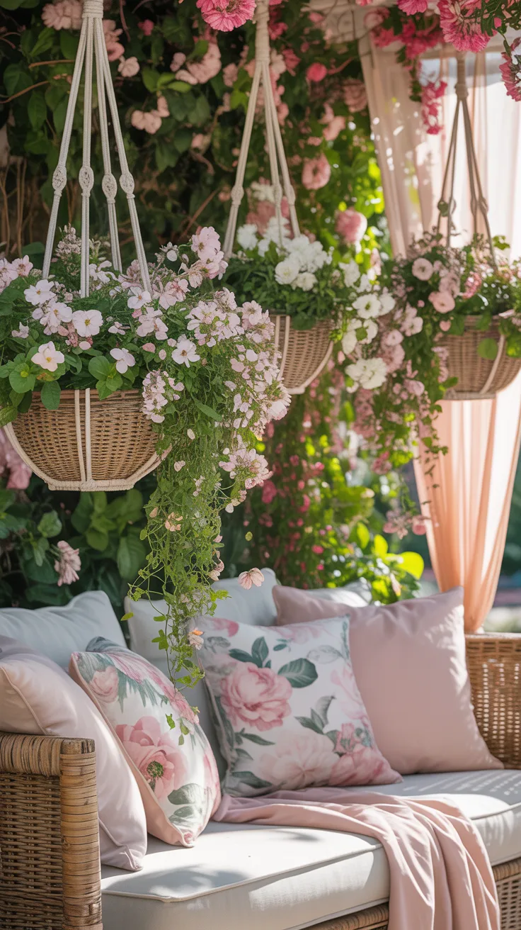 Cozy outdoor fire pit seating area on spring evening with plush chairs and string lights