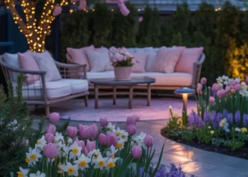 Revamp your patio with comfy sofas, twinkling lights, a pink-blossomed tree, and vibrant flower beds lining a glowing stone path.