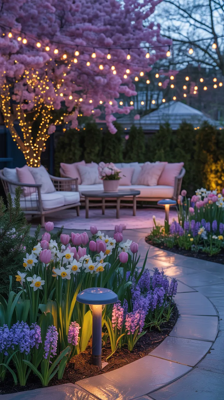 Revamp your patio with comfy sofas, twinkling lights, a pink-blossomed tree, and vibrant flower beds lining a glowing stone path.