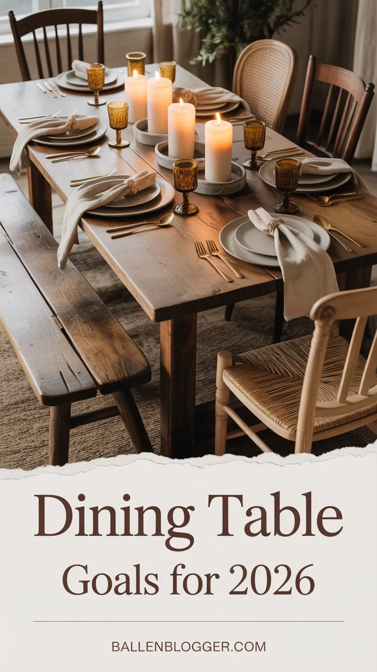 Elevate your dining space: a chic wood table, candles, neutral settings, and sleek seating. Dining Table Goals 2026 ballenblogger.com.