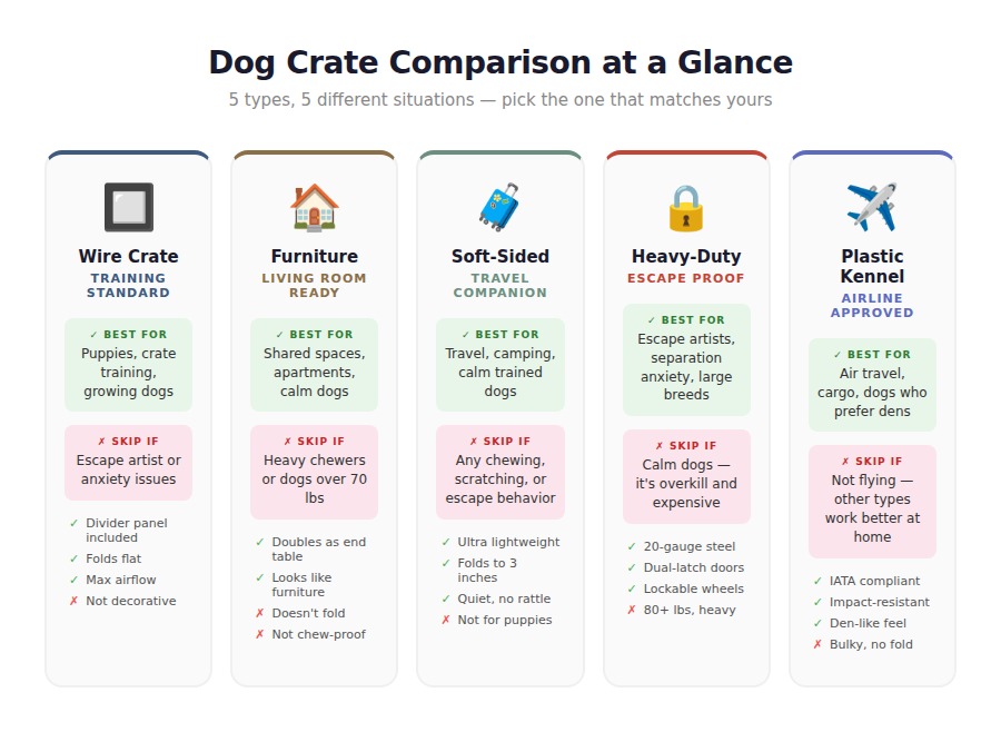 A comparison chart displays five dog crate types—wire, furniture, soft-sided, heavy-duty, and plastic—using color-coded icons for top uses, drawbacks, and key features.
