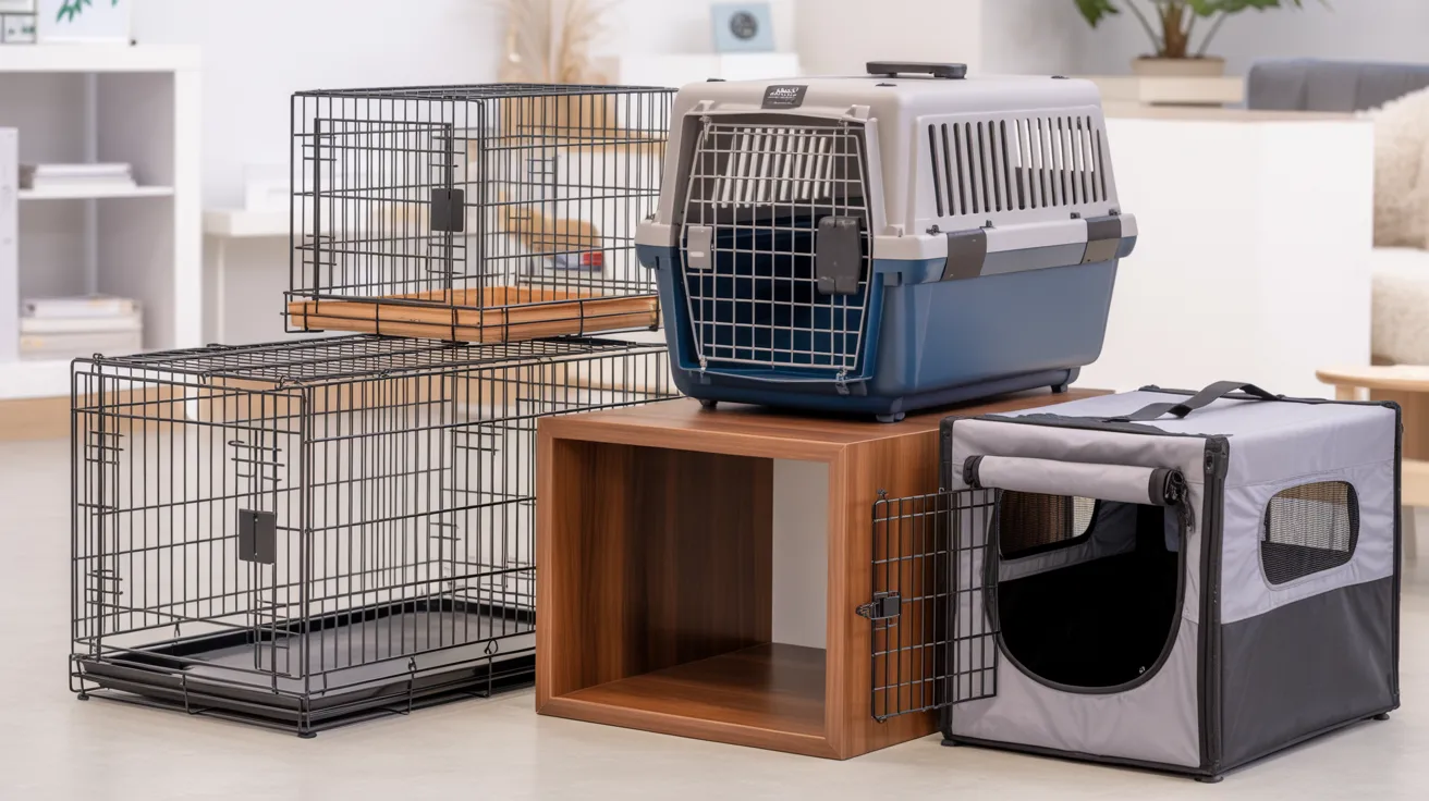 A modern living room features four types of dog crates: wire, blue plastic, soft-sided, and wooden—find the perfect fit for your pet.