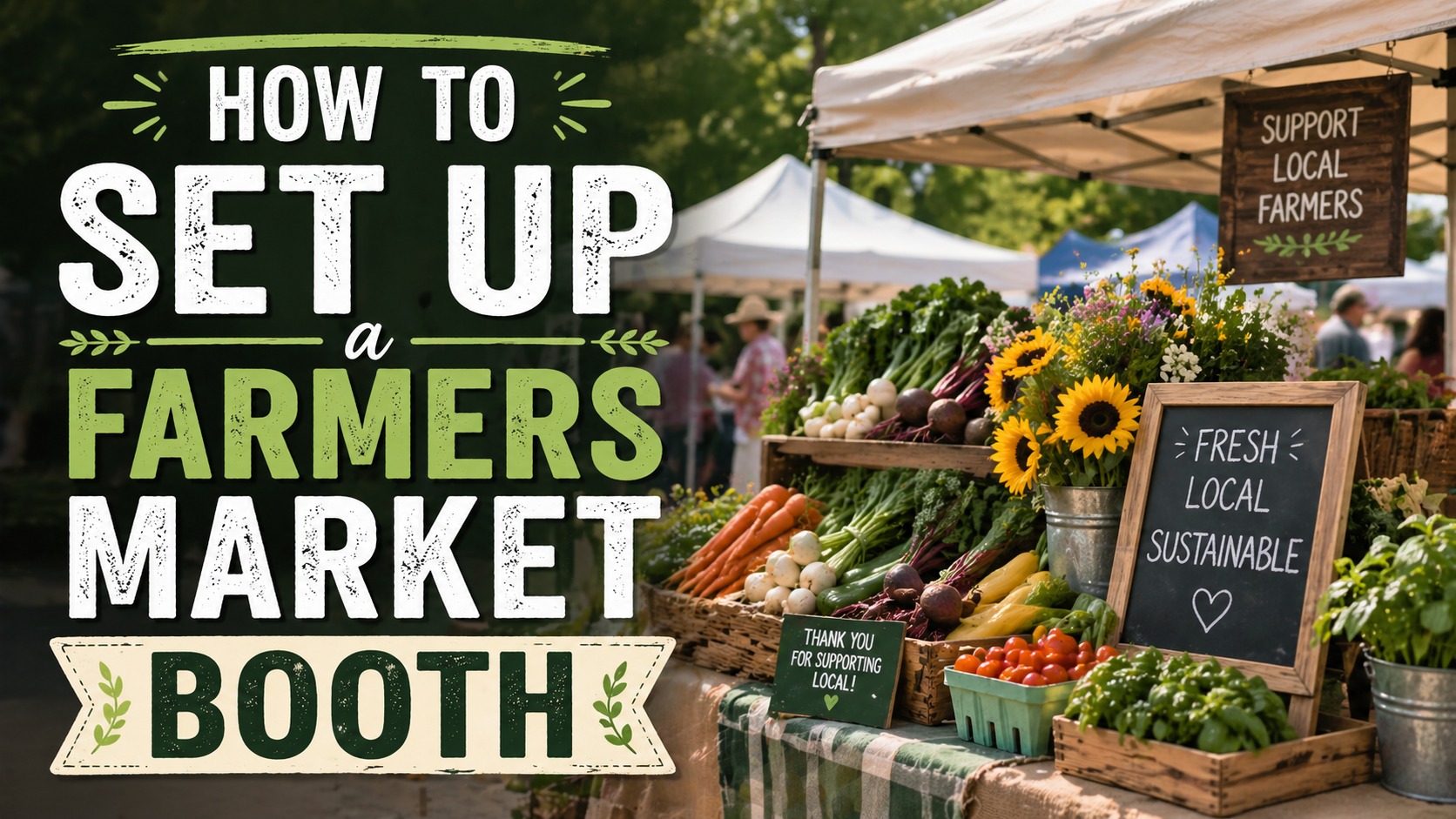 Colorful produce and sunflowers fill a market booth with chalkboard signs and advice on selling homemade gifts onsite or on Etsy.