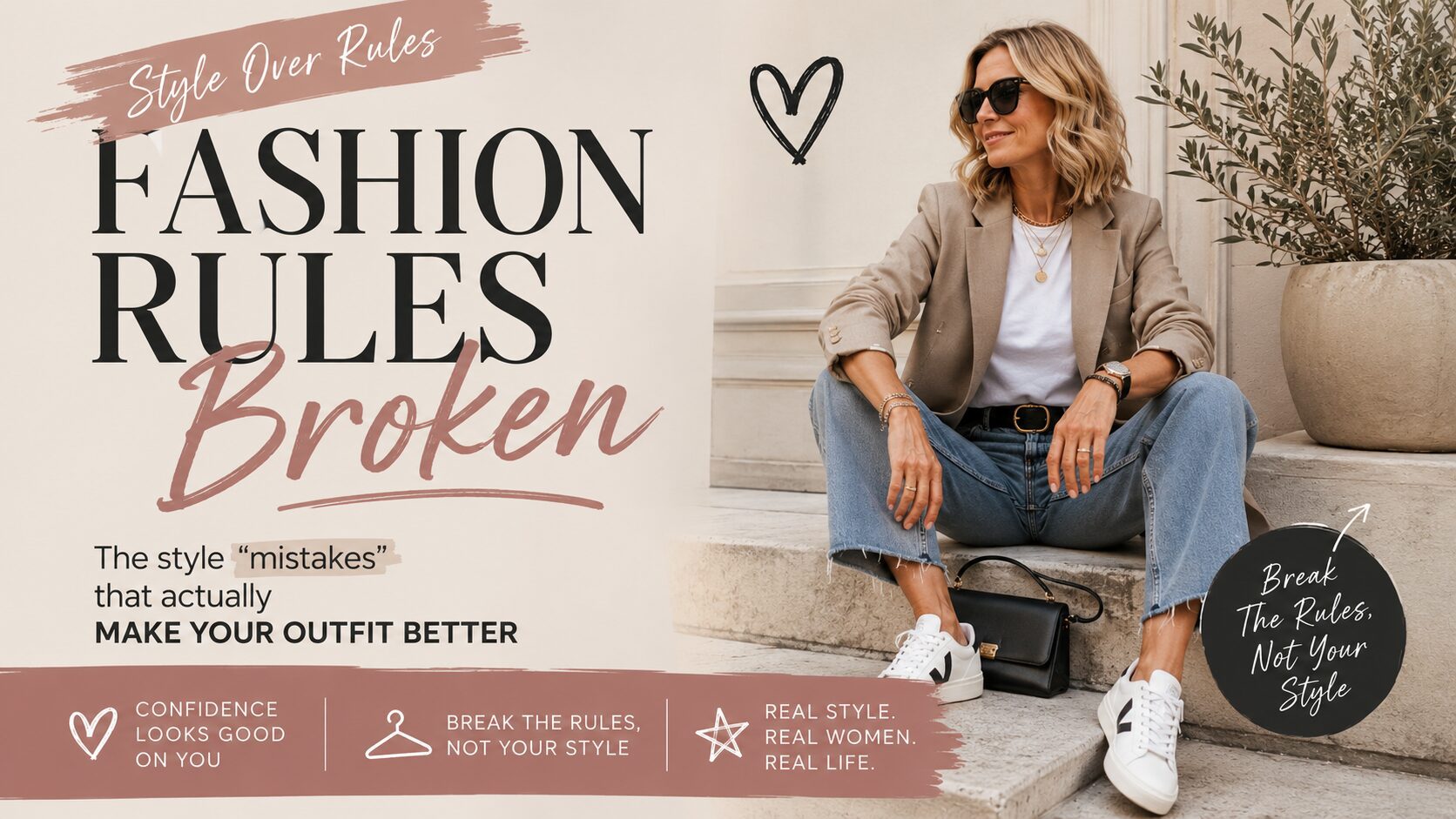Stylish woman in sunglasses, blazer, jeans, & sneakers exudes boldness. "Break old fashion rules to elevate your personal style.