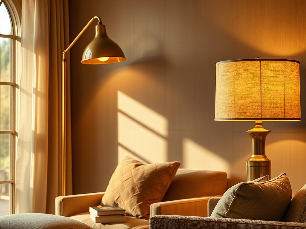 An inviting living room radiates understated elegance with beige chairs, a glowing lamp, cozy accents, and artful sailboat décor.